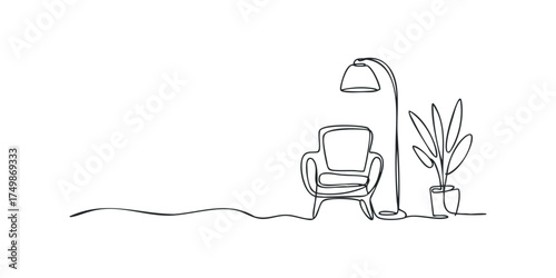 Minimalist armchair with floor lamp and plant in continuous line drawing