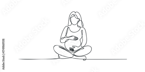 Pregnant woman sitting in lotus pose, single line drawing