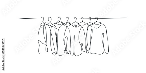 Minimalist clothing rack with hanging garments drawn in continuous line style