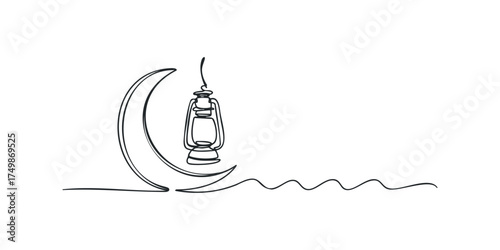 Crescent moon with hanging lantern and wavy line