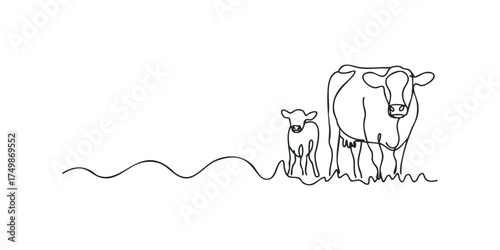 One line drawing of a cow and calf standing in a field