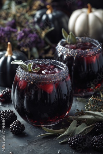 Freshly Made Black Raspberry Drinks Served in Festive Glasses With Autumn Dec...