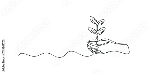Hand holding seedling in continuous line drawing style