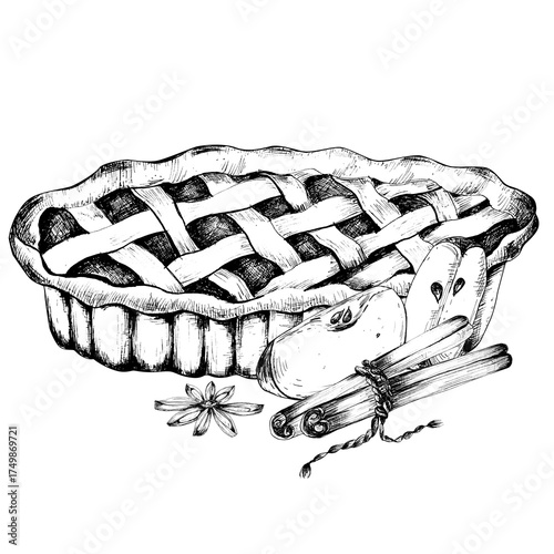Ink drawing of pie, tart or cake, apple slices, cinnamon sticks, star anise. Monochrome baking clipart. Hand-drawn illustration for food packaging, bakery-themed design, decoration of cooking recipes
