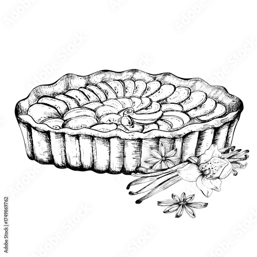Ink drawing of apple pie, apples, vanilla pods and star anise spices. Monochrome baking clipart. Hand-drawn illustration for food packaging, bakery-themed design, decoration of cooking recipes
