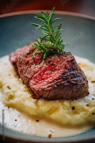 Juicy Steak Served on Creamy Mashed Potatoes With a Sprig of Rosemary Garnish