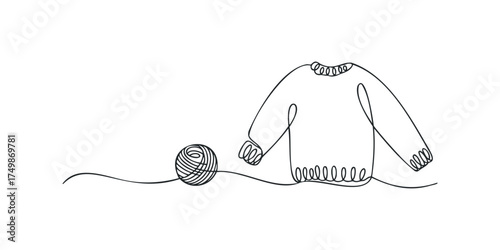 Minimalist single line drawing of a knitted sweater and yarn ball