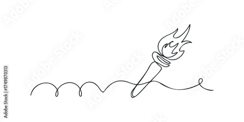 Single line drawing of a torch with flame and line