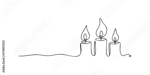 Continuous line drawing of three burning candles