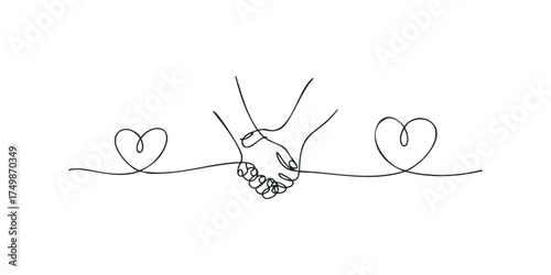 One line drawing of connected hands with hearts