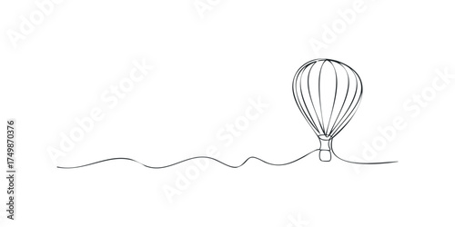 Line drawing of a hot air balloon suspended above a wavy line