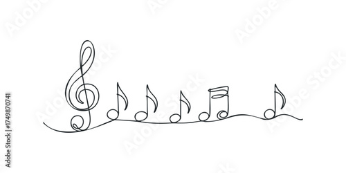 Musical Notes and Treble Clef Single Line Drawing