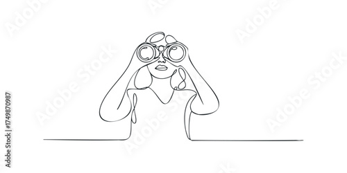 Person holding binoculars looking forward simple line drawing