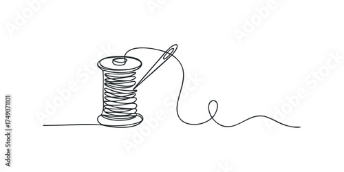 Minimalist continuous line drawing of a sewing needle and thread spool