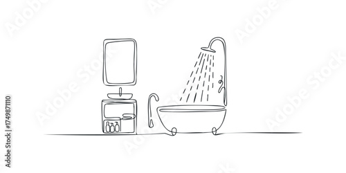 Continuous line drawing of a bathtub with a mirror and bottles