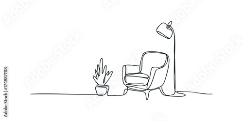 One Line Drawing of Armchair with Floor Lamp and Potted Plant