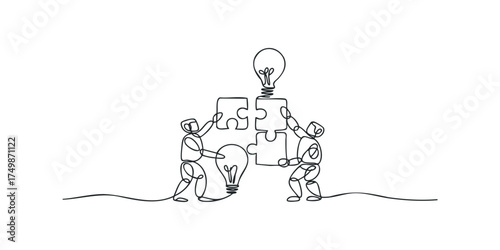 Team assembling puzzle pieces with light bulbs