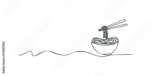 Bowl of noodles with chopsticks minimalist line art