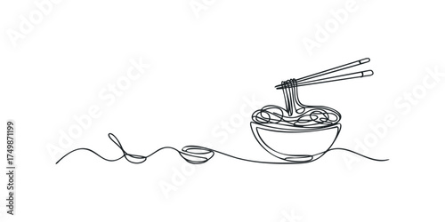 Continuous line drawing of noodles in bowl with chopsticks
