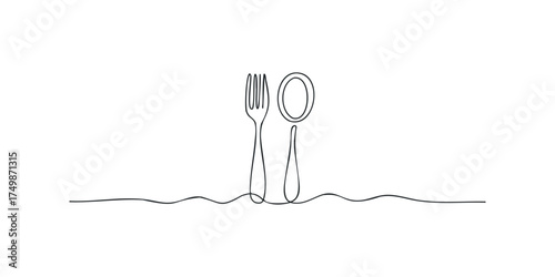 Single line drawing of fork and spoon