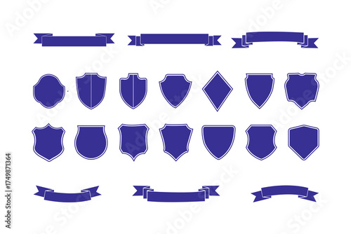 Collection of various dark blue heraldic shields and banners in a flat design style isolated on white background