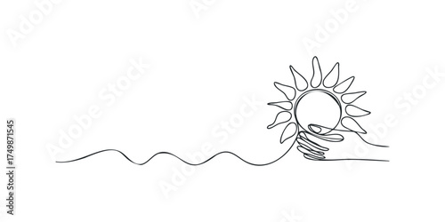 Hand holding sun continuous line drawing