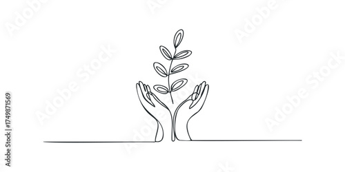 Line drawing of hands gently holding a sprouting plant stem