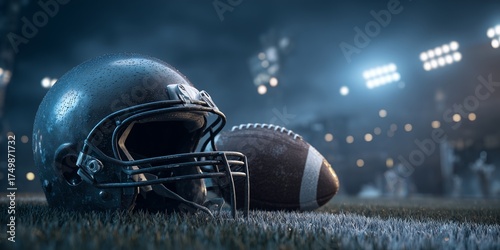 Football Helmet and Ball on the Field During a Night Game Under Bright Stadiu...