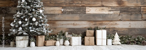 Festive Christmas Tree and Beautifully Wrapped Presents in Cozy Wooden Setting