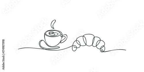 Line drawing of steaming coffee cup and croissant
