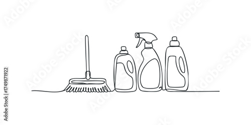 Line art of cleaning supplies with broom and bottles