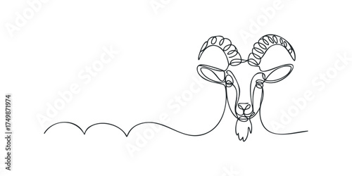 Single Line Drawing of a Goat Head with Spiraling Horns and Beard