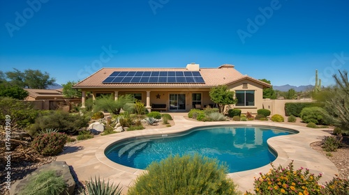 Wallpaper Mural Beautiful desert home with a sparkling blue swimming pool and solar panels on the roof under a clear blue sky Torontodigital.ca