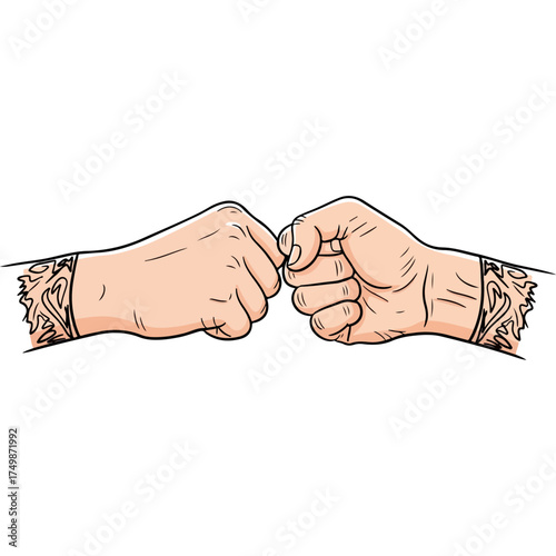 Two Fists Bumping With Tattooed Arms.
