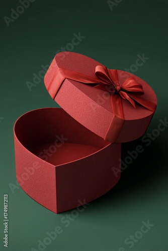 Decorative Red Heart-Shaped Box With a Bow on a Green Background