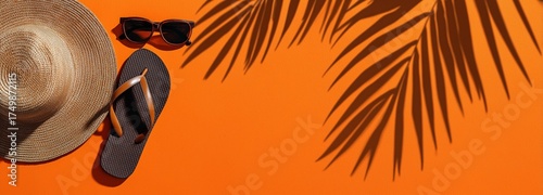 Summer Accessories on an Orange Backdrop With Shadows in Bright Sunlight