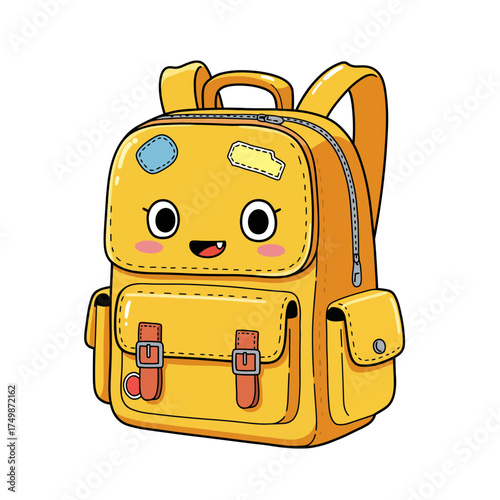 Cute cartoon yellow backpack with a happy face for school and travel vector on white background