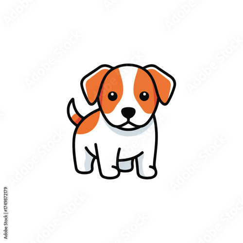 Cute cartoon puppy with brown and white fur standing on a white background, adorable pet illustration.