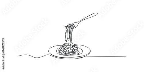Fork twirling spaghetti on plate continuous line drawing