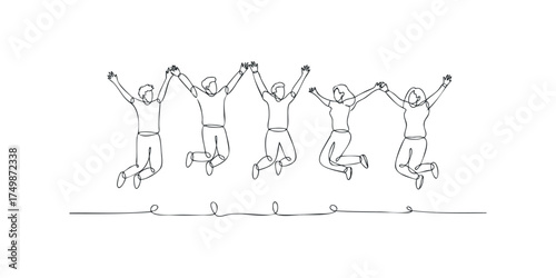 Group of five diverse people jumping together celebrating joy