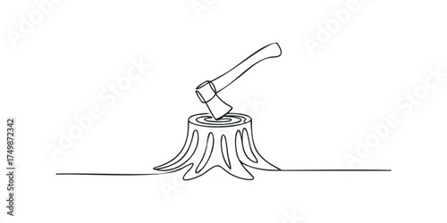 Axe Stuck in Tree Stump Minimalist Line Drawing