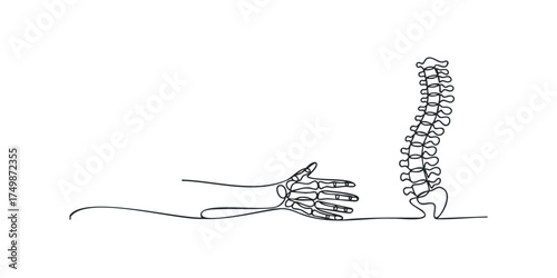 Line art of human hand reaching towards a spinal column