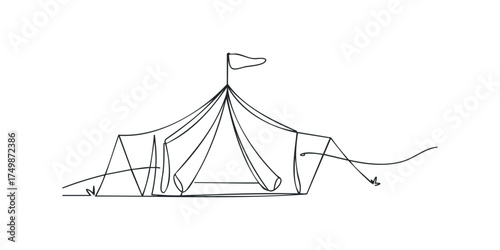 Single line drawing of a circus tent with flag