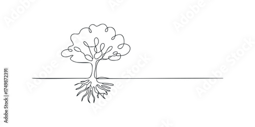 Continuous line drawing of a tree with exposed roots