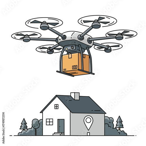 Futuristic drone delivery of package to house with location pin modern technology concept vector on white background