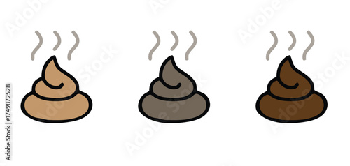 Set of three vector icons depicting steaming piles of dog poop or animal waste. Concepts include pet sanitation, cleaning up after pets, hygiene rules, and pet waste disposal. Editable EPS illustratio