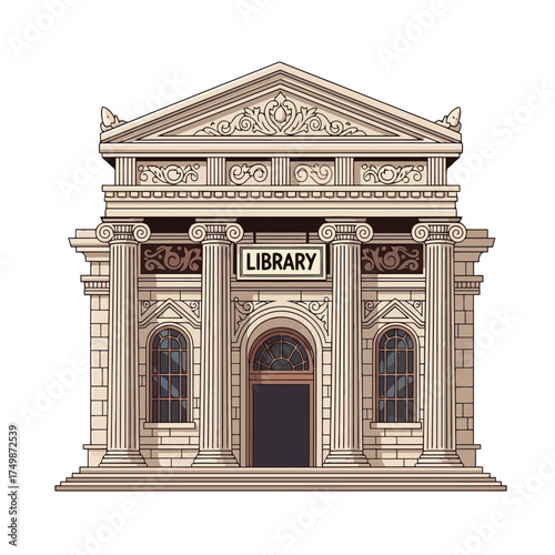 Neoclassical library building with columns and sign isolated on white background