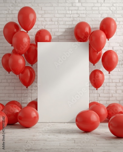 Red Balloons Surround a Blank Canvas in a Bright Indoor Setting for Celebrati...