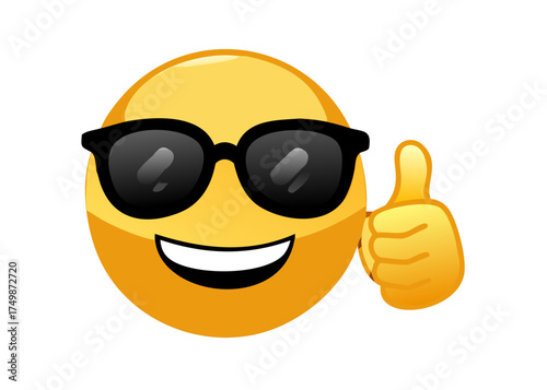 Smiling yellow emoji wearing black sunglasses giving a thumbs up isolated on transparent background. vector icon
