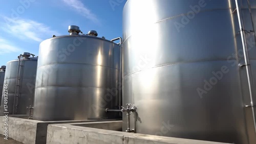 Industrial storage tanks in a manufacturing facility under blue sky